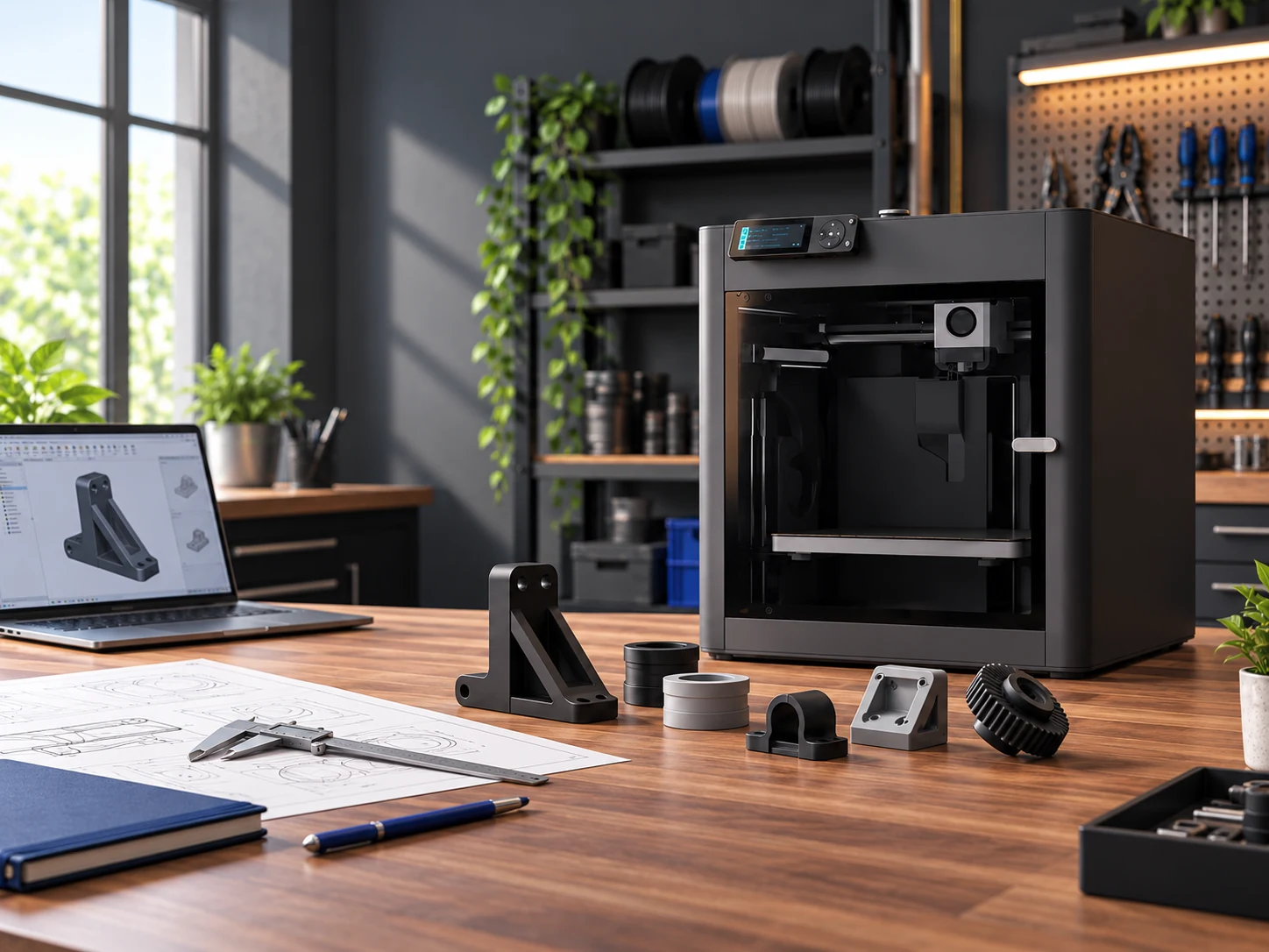 Mechanical design workstation with an enclosed 3D printer and functional prototype parts